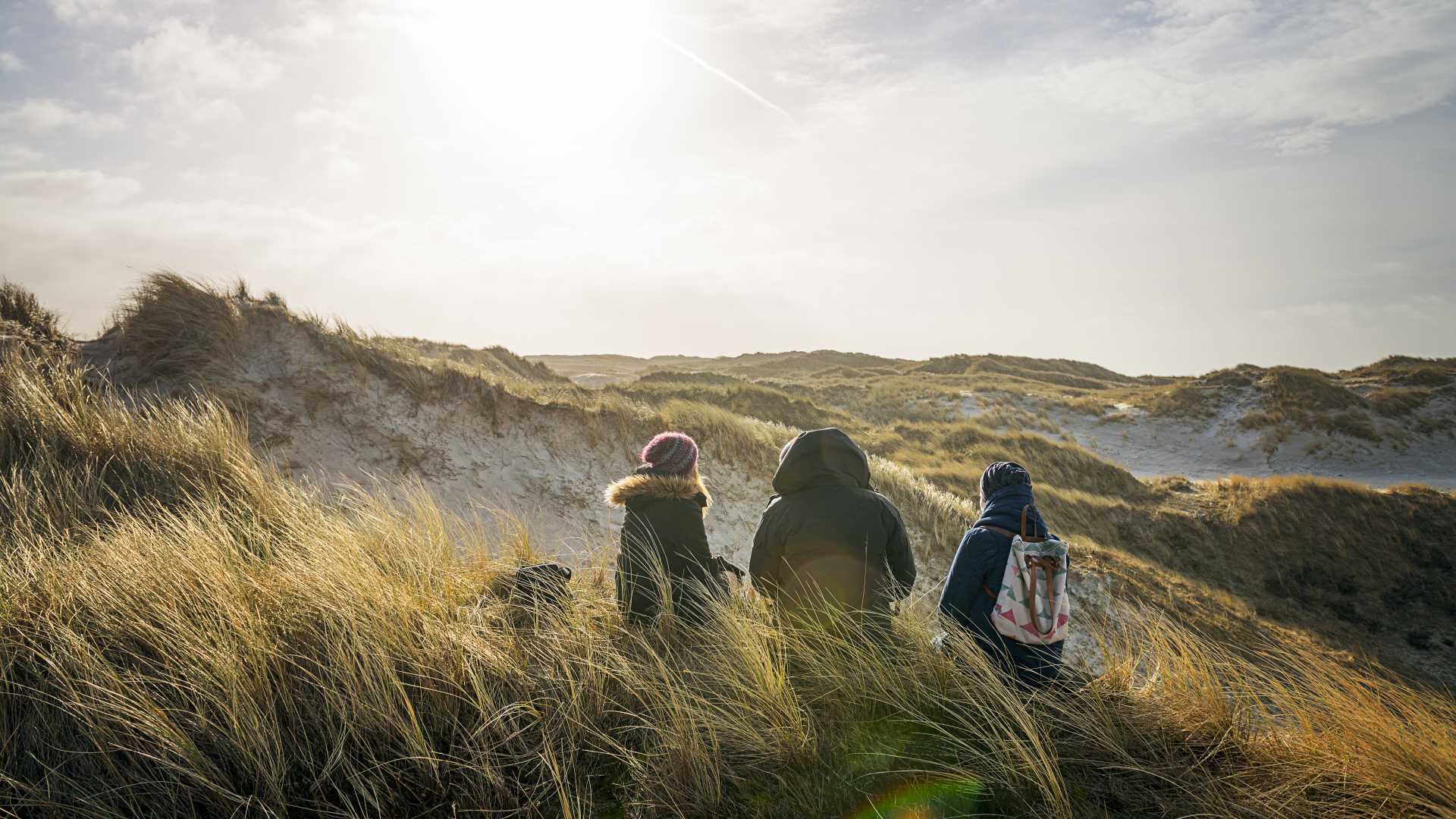 Drei Wanderer erkunden die windgepeitschten Dünen von Henne Strand, Dänemark, unter strahlendem Himmel.