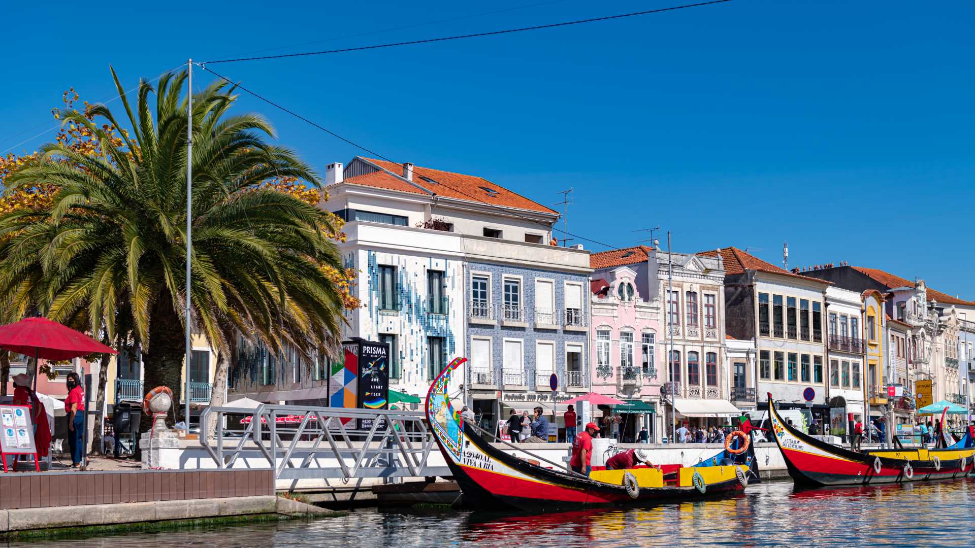 Colorful moliceiro boats navigate a canal in Aveiro, Portugal, framed by ornate buildings and a clear blue sky.