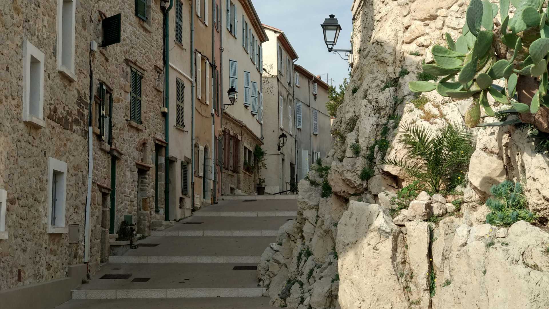 A rustic stone street in Antibes, lined with charming old buildings and lush green plants on rocky walls.