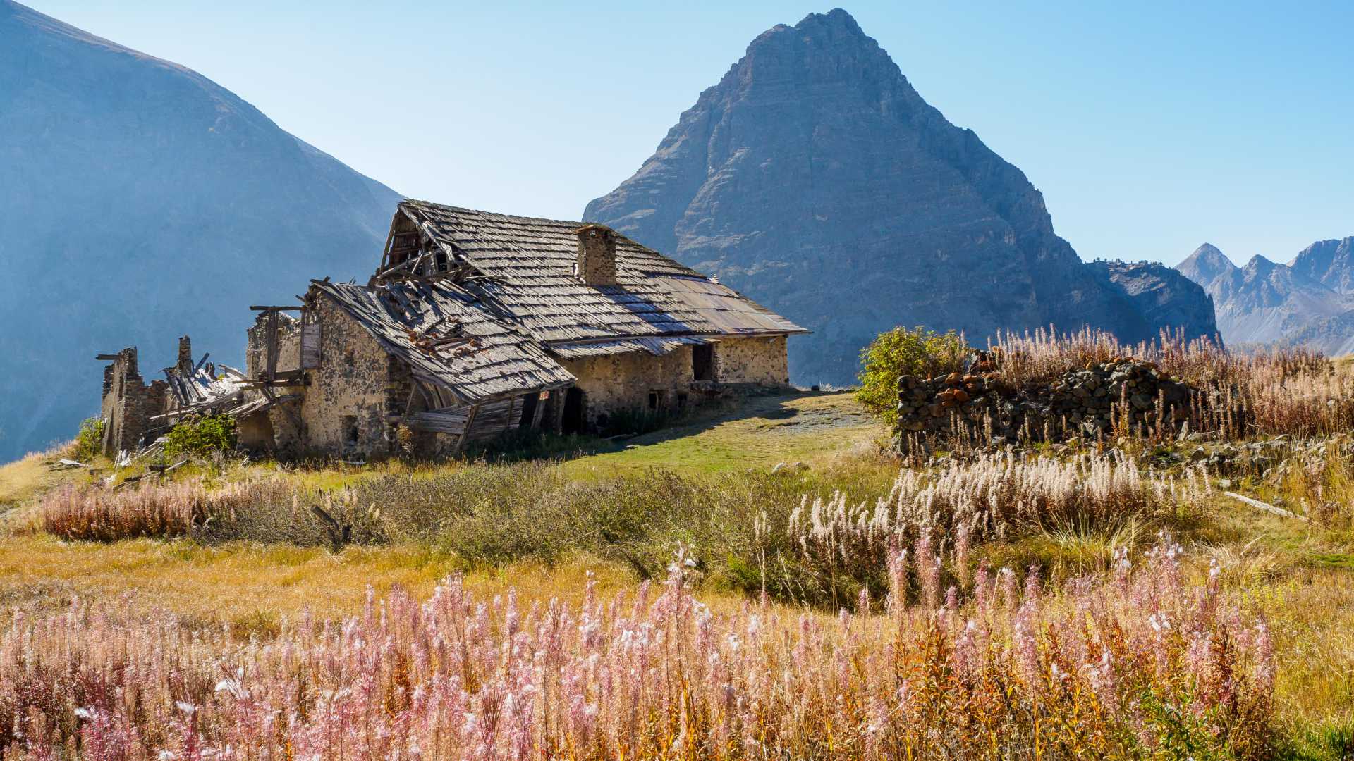 Une maison en pierre abandonnée aux Fraches, entourée de fleurs sauvages avec des pics alpins imposants en arrière-plan.