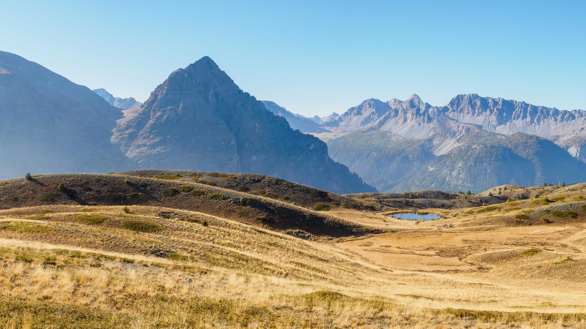 Des champs dorés s'étendent vers des pics escarpés dans le Parc National des Écrins, France, avec un lac serein niché en contrebas.