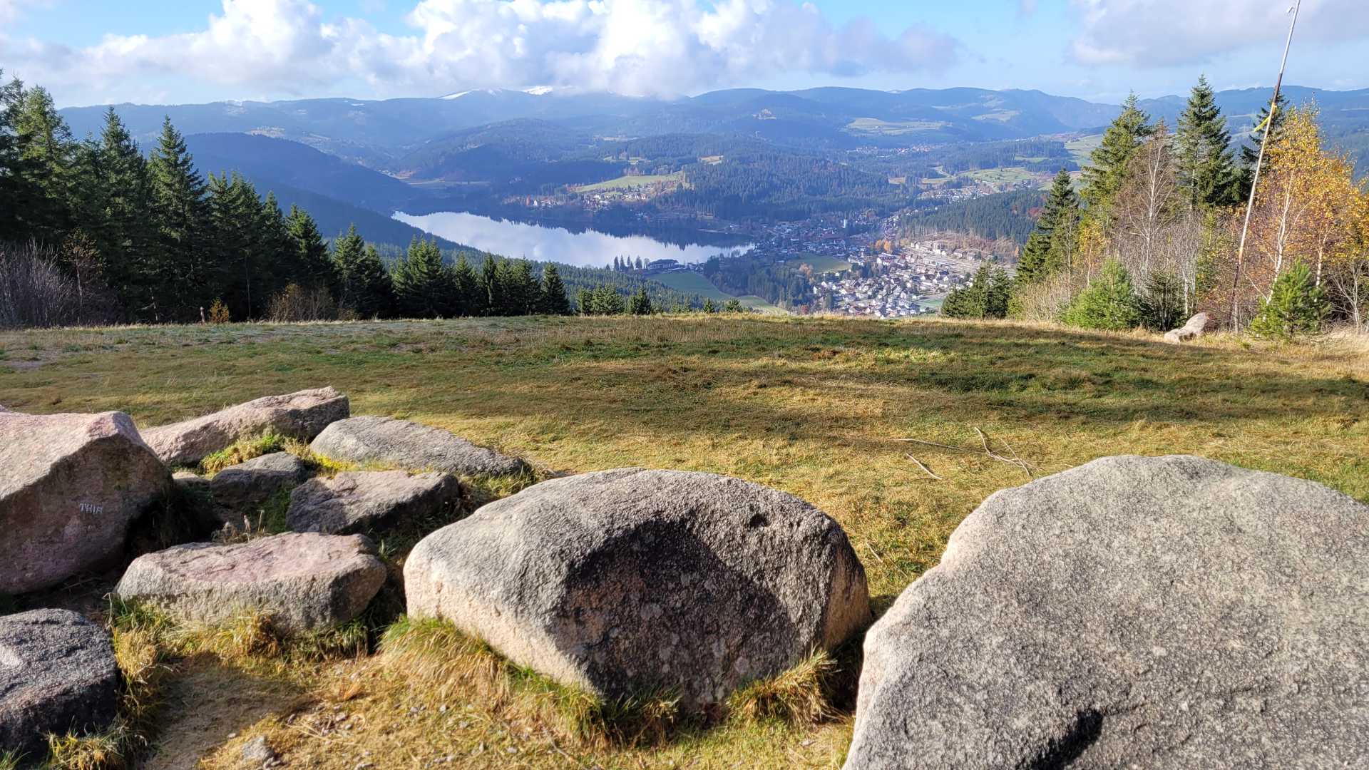 Panoramic view of Titisee Lake and the Black Forest from a scenic overlook.