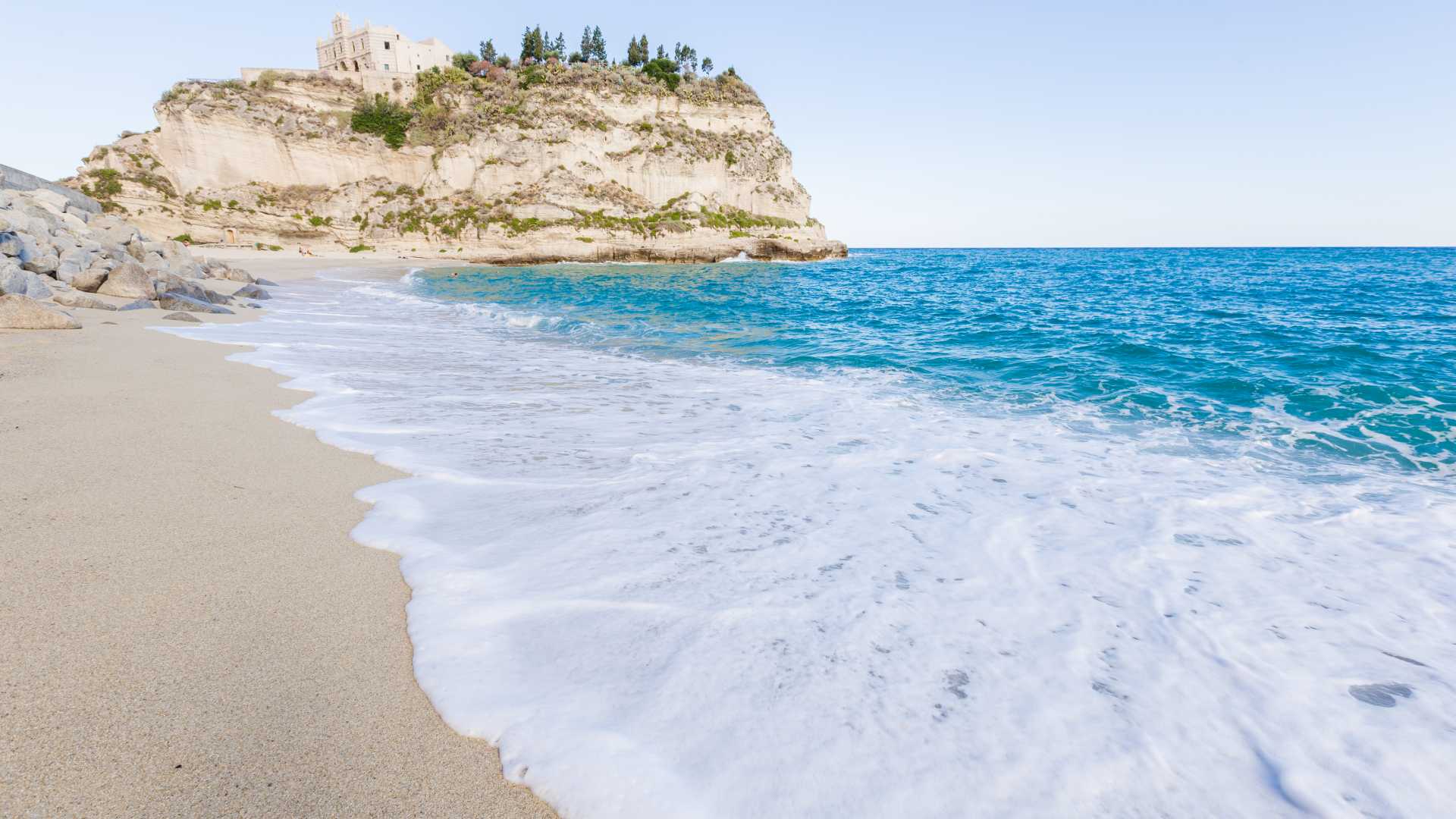 Cliffside Sanctuary of Santa Maria Island overlooking the beach in Tropea, Calabria, Italy.