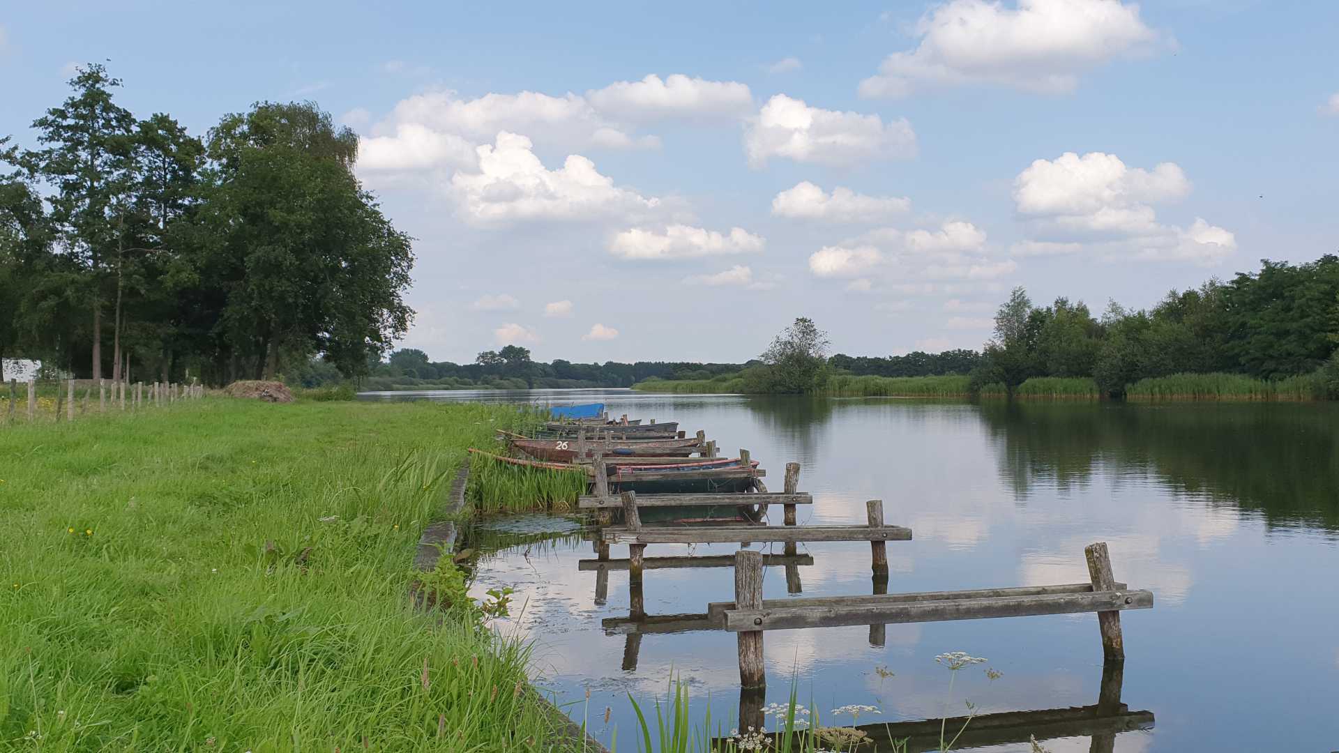 Des bancs en bois bordent le bord tranquille du Wijchense Ven, se reflétant dans l'eau calme sous un ciel partiellement nuageux.