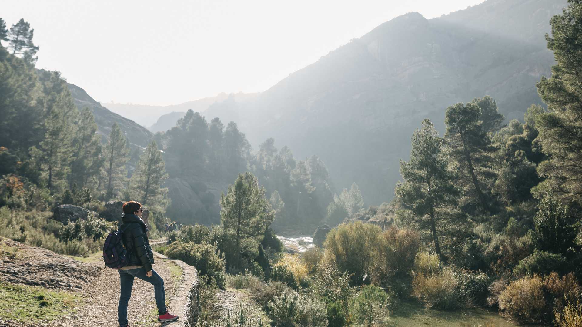 Een vrouw met een rugzak pauzeert op een wandelpad in Parc Natural dels Ports, omgeven door groene bomen en bergen.