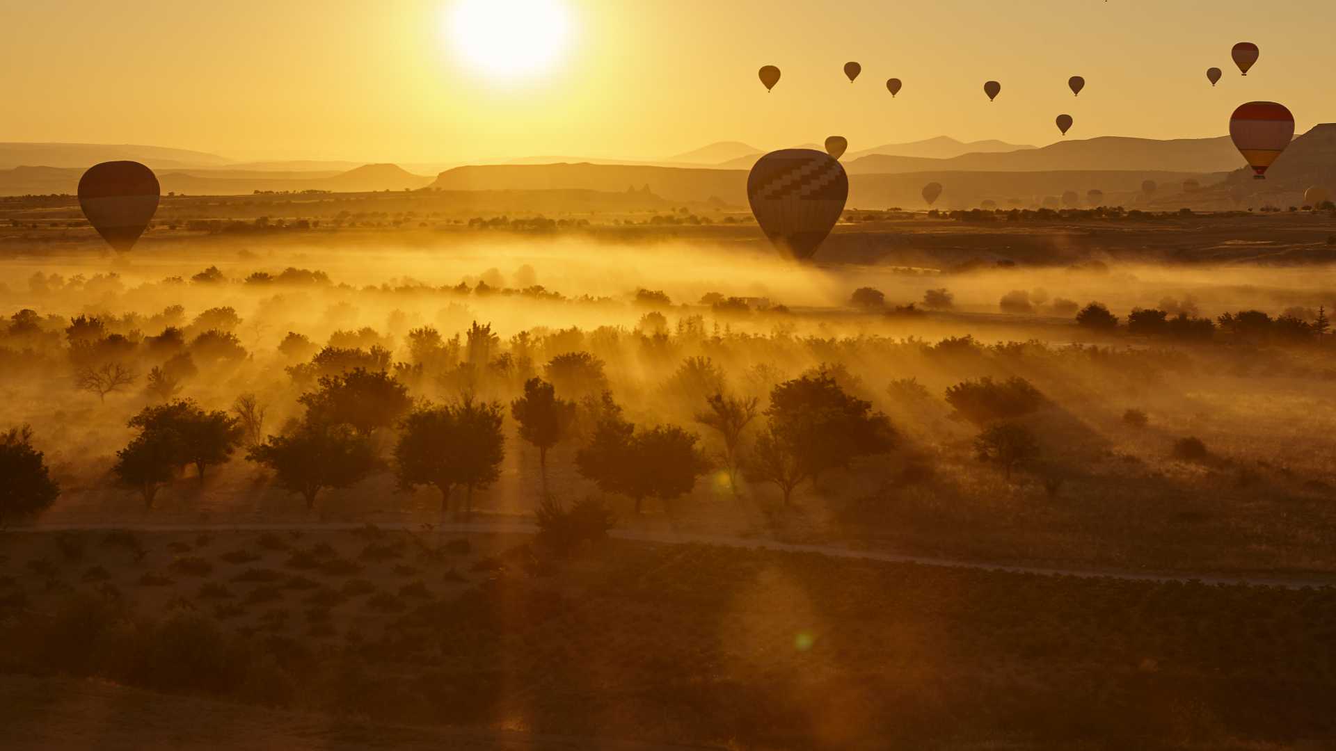 Globos aerostáticos llenan el cielo sobre el paisaje etéreo de Capadocia al amanecer, con chimeneas de hadas envueltas en una niebla dorada.