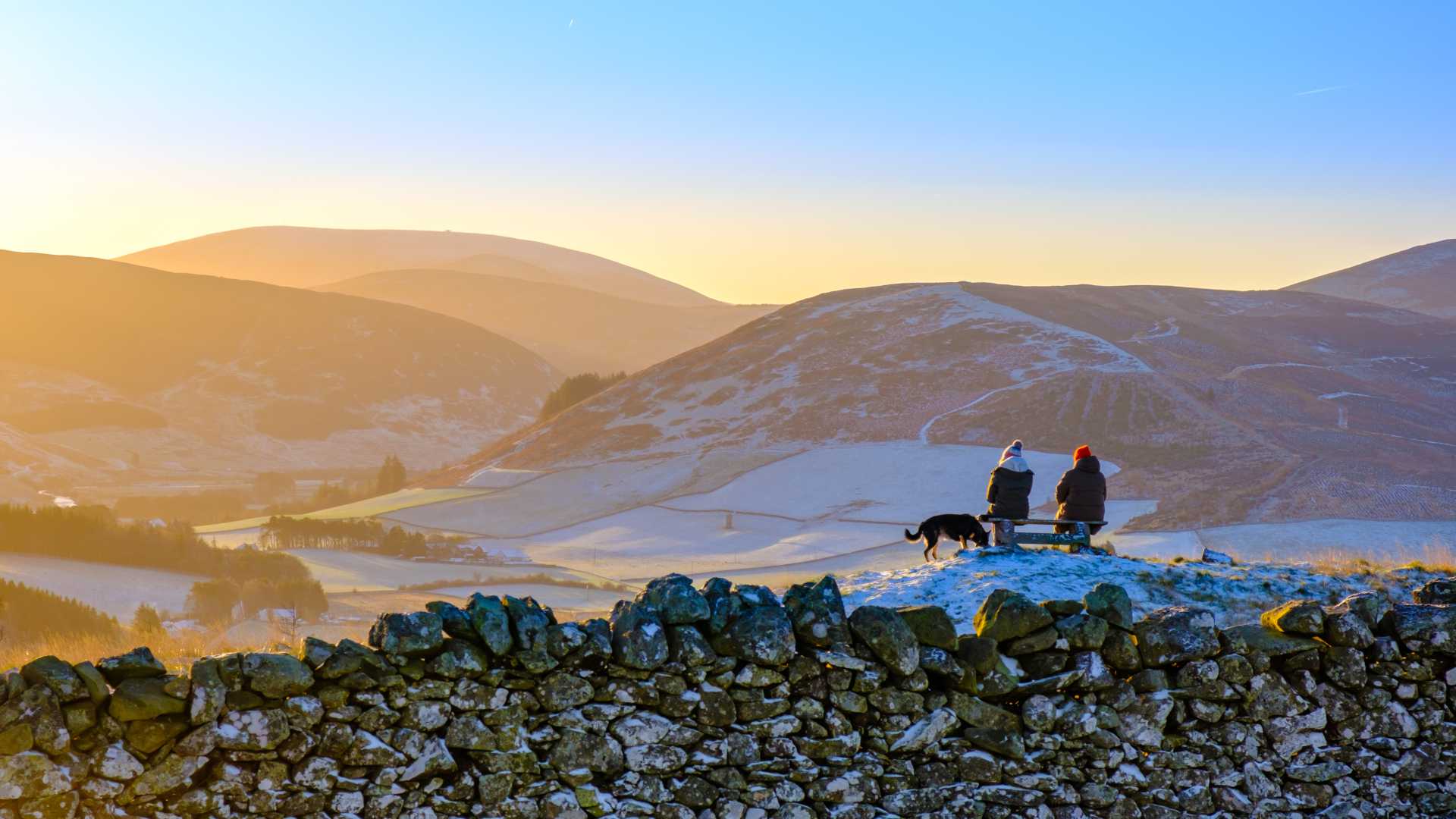 Friends and a dog relax on a bench, enjoying the frosty Scottish Highlands.